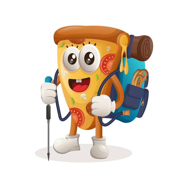 Cute pizza mascot adventure trekking. Perfect for food store, small business or e-Commerce, merchandise and sticker, banner promotion, food review blog or vlog channe - Vector, Image