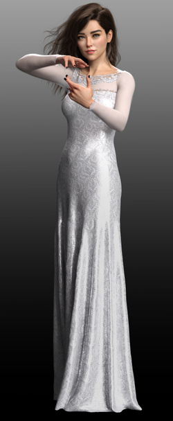 Hermosa mujer morena en vestido largo de plata, elegante - Foto, Imagen