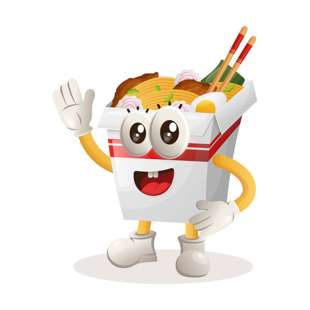 Cute ramen mascot waving hand. Perfect for food store, small business or e-Commerce, merchandise and sticker, banner promotion, food review blog or vlog channe - Διάνυσμα, εικόνα