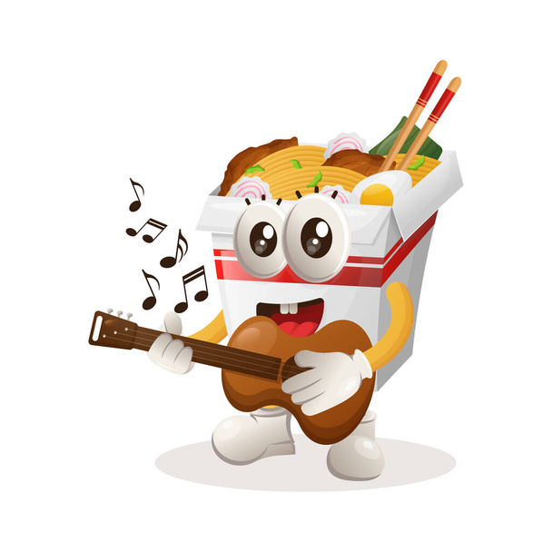 Cute ramen mascot playing guitar. Perfect for food store, small business or e-Commerce, merchandise and sticker, banner promotion, food review blog or vlog channe - Вектор,изображение