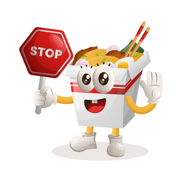 Cute ramen mascot holding stop sign, street sign, road sign. Perfect for food store, small business or e-Commerce, merchandise and sticker, banner promotion, food review blog or vlog channe - Vector, Image