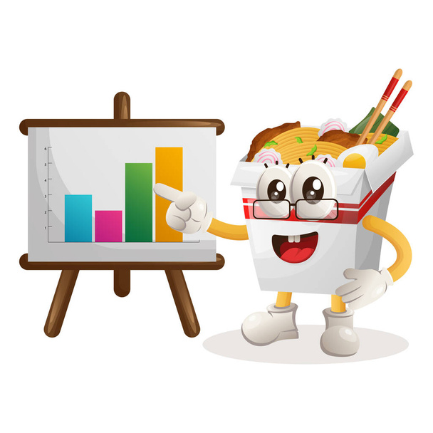 Cute ramen mascot gives report presentation, shows column graphics. Perfect for food store, small business or e-Commerce, merchandise and sticker, banner promotion, food review blog or vlog channe - Vetor, Imagem