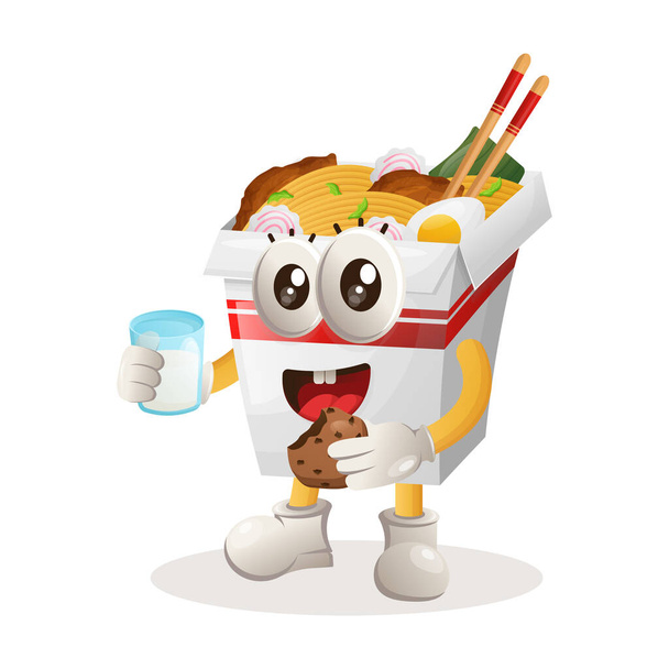 Cute ramen mascot drink milk and eat cookie. Perfect for food store, small business or e-Commerce, merchandise and sticker, banner promotion, food review blog or vlog channe - Vektor, Bild