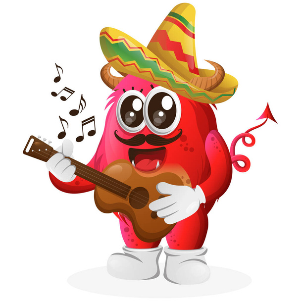 Cute red monster wearing mexican hat with playing guitar. Perfect for kids, small business or e-Commerce, merchandise and sticker, banner promotion, blog or vlog channe - Wektor, obraz