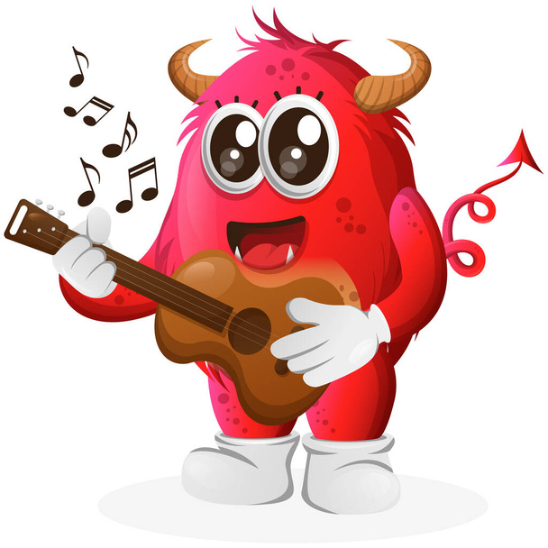 Cute red monster playing guitar. Perfect for kids, small business or e-Commerce, merchandise and sticker, banner promotion, blog or vlog channe - Wektor, obraz