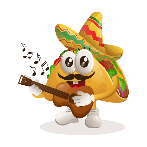 Cute taco wearing mexican hat with playing guitar. Perfect for food store, small business or e-Commerce, merchandise and sticker, banner promotion, food review blog or vlog channe - Vector, afbeelding