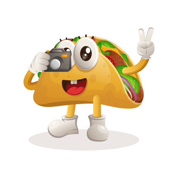 Cute taco taking photo with camera. Perfect for food store, small business or e-Commerce, merchandise and sticker, banner promotion, food review blog or vlog channe - ベクター画像