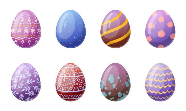 Easter eggs. Spring holiday painted egg, egg hunt chocolate traditional eggs flat cartoon vector illustration set - Вектор, зображення
