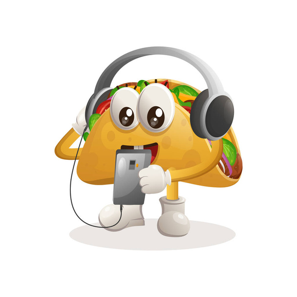 Cute taco mascot listening music on a smartphone using a headphone. Perfect for food store, small business or e-Commerce, merchandise and sticker, banner promotion, food review blog or vlog channe - Διάνυσμα, εικόνα