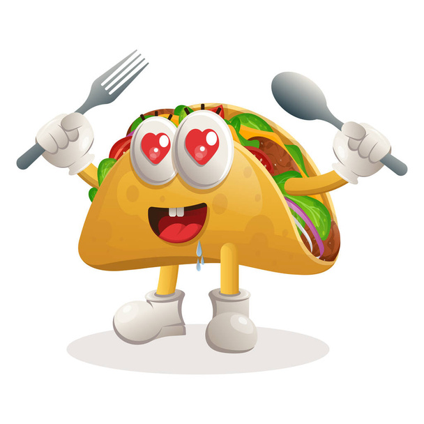 Cute taco mascot holding spoon and fork. Perfect for food store, small business or e-Commerce, merchandise and sticker, banner promotion, food review blog or vlog channe - ベクター画像