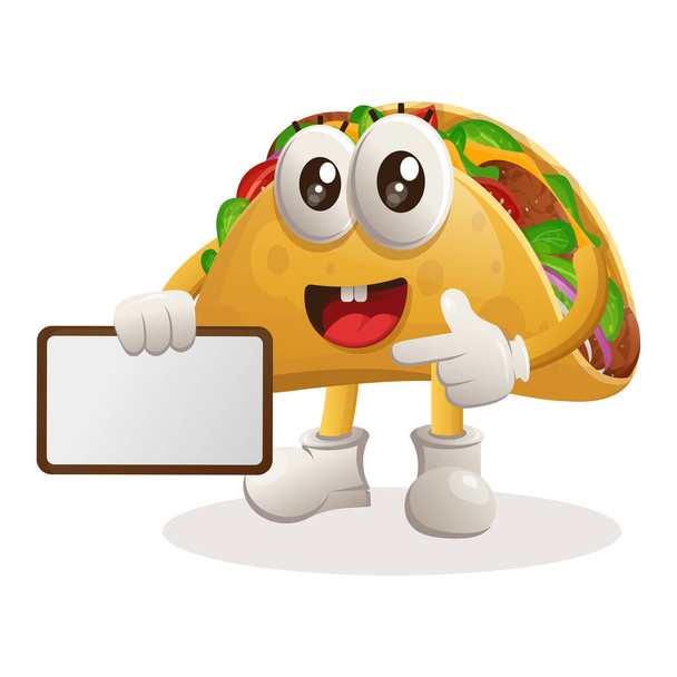 Cute taco mascot holding billboards for sale, sign board. Perfect for food store, small business or e-Commerce, merchandise and sticker, banner promotion, food review blog or vlog channe - ベクター画像