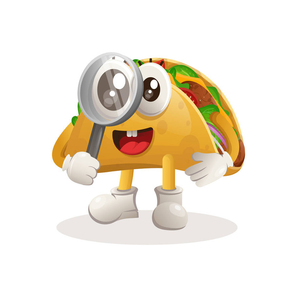 Cute taco mascot conducting research, holding a magnifying glass. Perfect for food store, small business or e-Commerce, merchandise and sticker, banner promotion, food review blog or vlog channe - ベクター画像