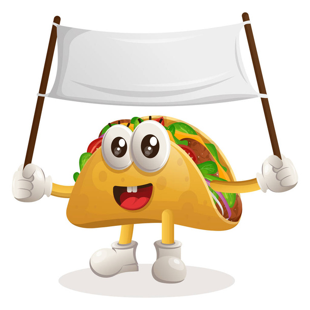 Cute taco holding blank banner. Perfect for food store, small business or e-Commerce, merchandise and sticker, banner promotion, food review blog or vlog channe - Vecteur, image