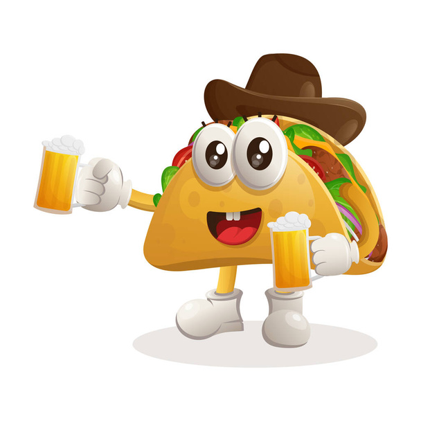 Cute taco celebrate oktoberfest with holding beer. Perfect for food store, small business or e-Commerce, merchandise and sticker, banner promotion, food review blog or vlog channe - Вектор,изображение