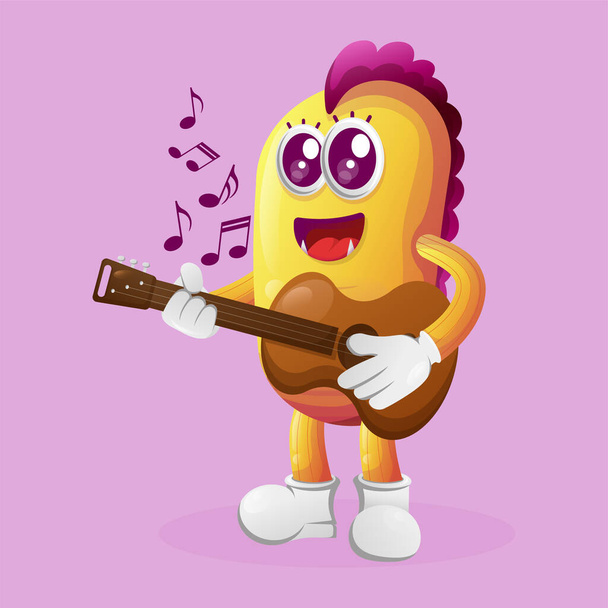 Cute yellow monster playing guitar. Perfect for kids, small business or e-Commerce, merchandise and sticker, banner promotion, blog or vlog channe - Vektör, Görsel