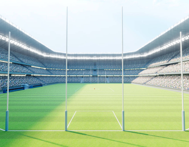 An aussie rules stadium with posts on a marked green grass pitch in the day time - 3D render - Photo, Image