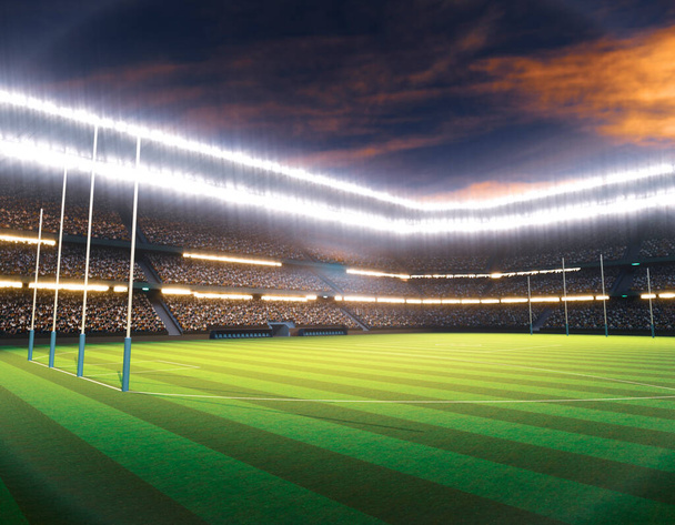 An aussie rules stadium with posts on a marked green grass pitch at night under illuminated floodlights - 3D render - Photo, Image