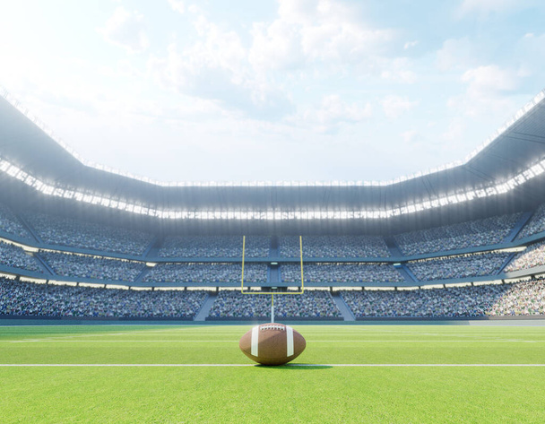 An American football on the centre line in a stadium with posts on a marked green grass pitch in the daytime - 3D render - Foto, imagen