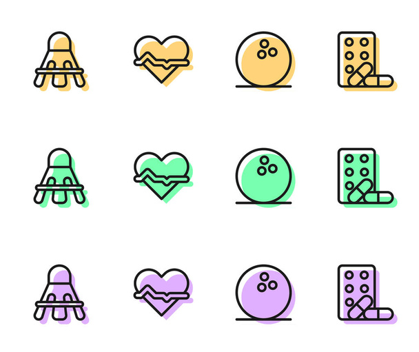 Set line Bowling ball Badminton shuttlecock Heart rate and Sports doping with dumbbell icon. Vector. - Vector, Image