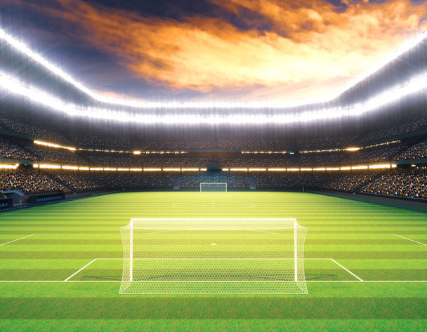 Un estadio de fútbol con goles en un campo de hierba verde marcado bajo reflectores en la noche - 3D render - Foto, Imagen