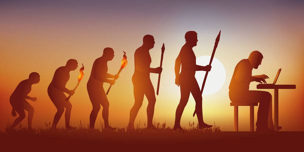 Concepto del mundo informatizado y las redes sociales con el símbolo de Darwin mostrando la evolución del hombre primitivo hacia el hombre moderno, que ya no sale de su pantalla. - Vector, imagen