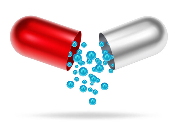 Open medicine capsule. Medical pill. Half parts with cure granules. EPS10 vector - Вектор,изображение