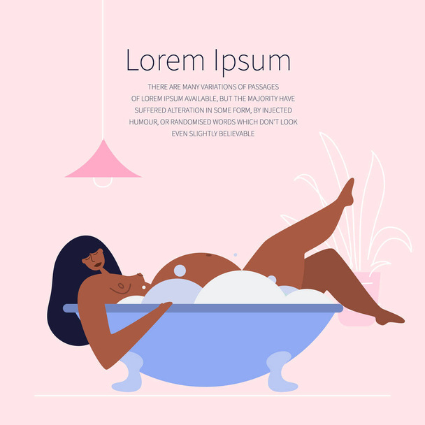 The vector illustration with woman relax, take a bath. New mom has got symptoms, discomfort, back pain, distress during pregnancy. This is vector illustration was made in hand drawn art. - Vector, Image