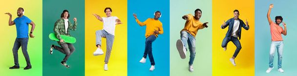 Çeşitli etnik çeşitliliğe sahip erkekler renkli arka planlarda eğleniyor, Mutlu Çok Kültürlü Gençlerle Yaratıcı Kolaj Parlak Stüdyo Arkaplanlarının Üzerinde Dururken Pozitif Duygularını İfade Ediyor - Fotoğraf, Görsel