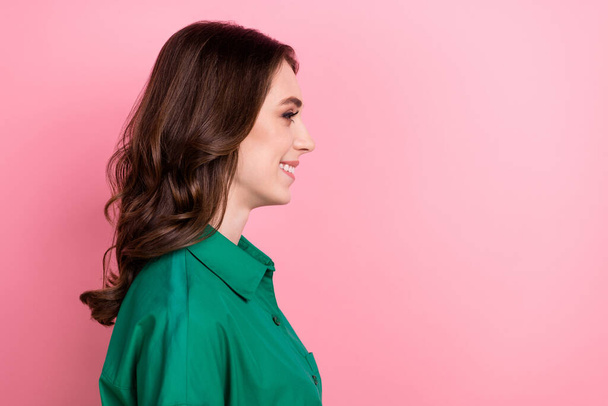 Profile photo of cheerful nice girl toothy smile look empty space ad isolated on pink color background. - Foto, afbeelding