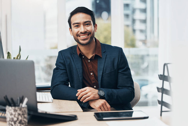 Portrait, smile and businessman or entrepreneur happy in an office for startup company with a positive mindset. Corporate, employee and professional worker confident and excited in the workplace. - Photo, Image