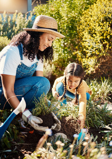 Black family, children or gardening with a mother and daughter planting plants in the backyard together. Nature, kids or landscaping with a woman and female child working in the garden during spring. - Photo, Image