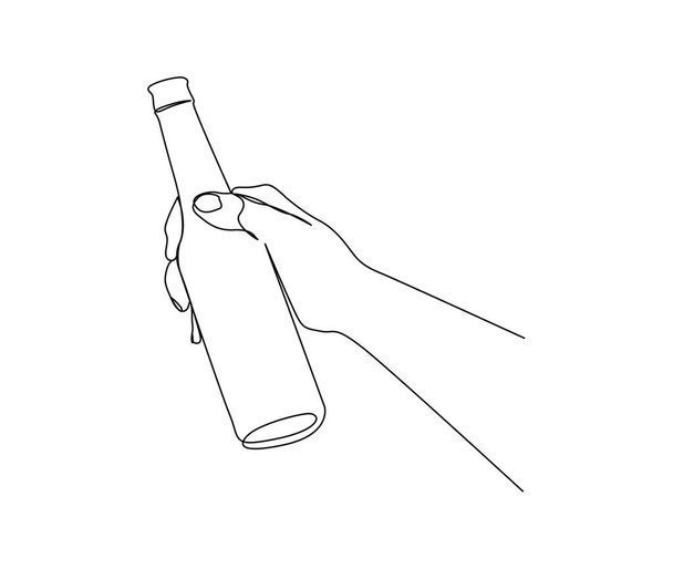 Dibujo continuo de una línea de la mano sosteniendo la botella. simple botella de vidrio línea arte vector ilustración. Concepto libre de plástico - Vector, imagen