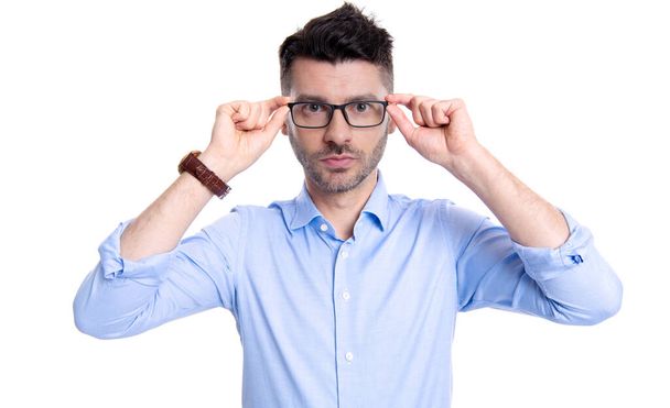 photo of man in eyewear. caucasian man face in eyewear isolated on white background. man wearing eyewear in studio. man eyewear wear glasses. - Fotó, kép