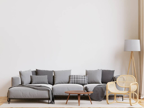 grande design bianco living room.interior, divano grigio e nero, tavolo in legno, lampada, tappeto, parete per modellare e copiare lo spazio - Foto, immagini