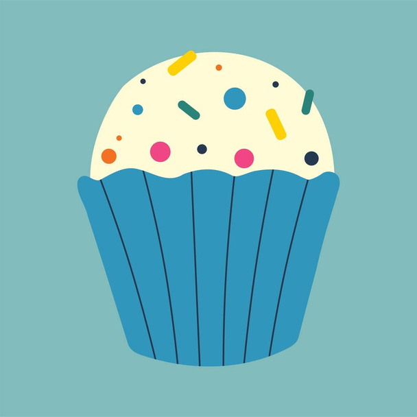 Cupcake with sweet sprinkles. Color vector illustration on a blue background. - Вектор,изображение