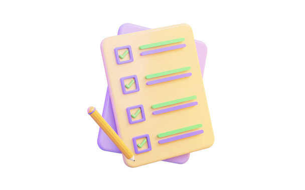 Dokument-Checklisten-Symbol mit Bleistift auf weißem Hintergrund 3D-Renderkonzept für Aufgabenblatt - Foto, Bild
