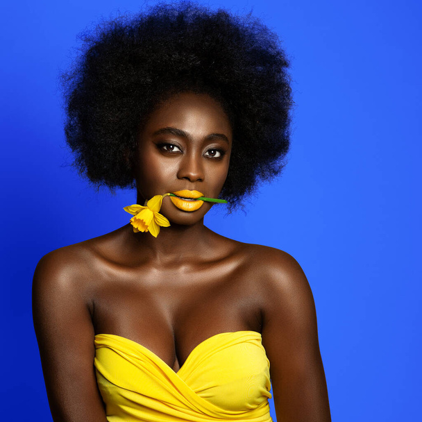 Frau Schönheit mit Afro-Frisur und gelbem Lippenstift Make-up über blauem Studiohintergrund. Dunkelhäutiges afrikanisches Mädchen mit Frühlingsblume im Mund. Frauen Make-up und Kosmetik - Foto, Bild
