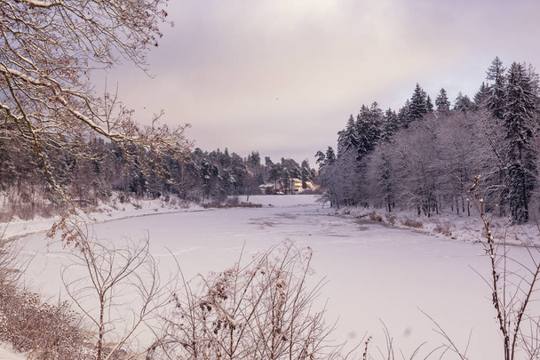 freezing river in winter evening in latvia - Photo, Image