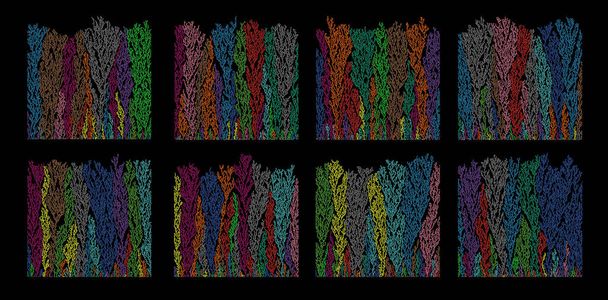 Набор структур клеточного автомата с ограниченной диффузией - визуализация броуновских деревьев.  - Фото, изображение