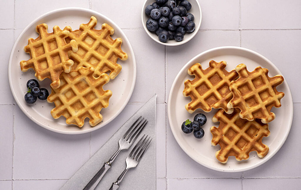 Food photography of waffles with blueberries, breakfast, belgian, snack, dessert - Photo, Image
