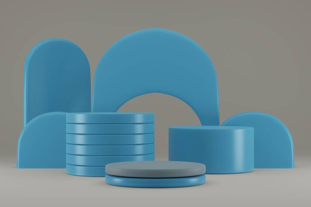Dieses 3D-Rendering bietet eine Reihe geometrischer Formen in Blautönen vor einem neutralen grauen Hintergrund. Die Komposition schafft einen markanten visuellen Kontrast, der sowohl modern als auch anspruchsvoll ist. - Foto, Bild