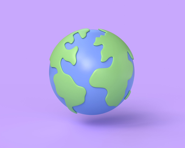 Karikatür tarzında 3D Gezegen Dünya ikonu. Dünya Günü ya da Çevre Günü için kavram. Mor arka planda izole edilmiş bir resim. 3d oluşturma - Fotoğraf, Görsel
