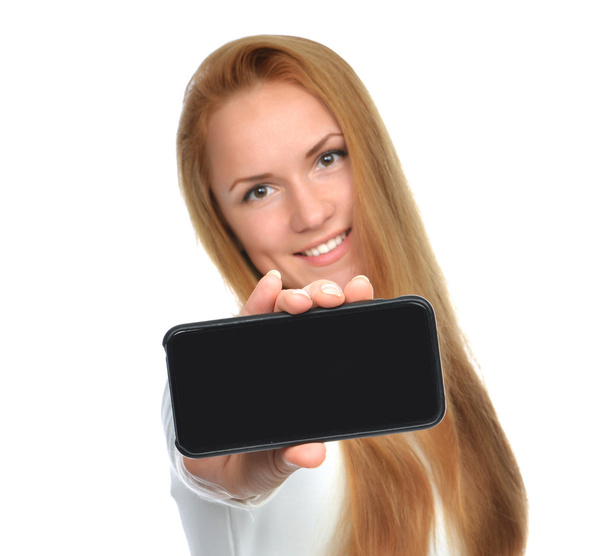 Business woman show blank mobile cell phone - Foto, Imagem