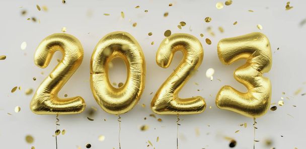 Feliz Año Nuevo 2023. 2023 globos de lámina dorada y confeti cayendo sobre fondo blanco. Números de globos de helio dorado. Cartel festivo o imagen de concepto de banner - Foto, Imagen