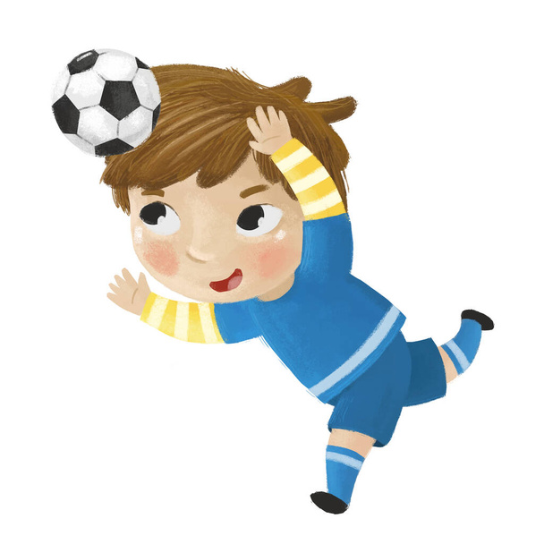 cartoon scene with kid playing running sport ball soccer football - illustration for kids - Fotoğraf, Görsel