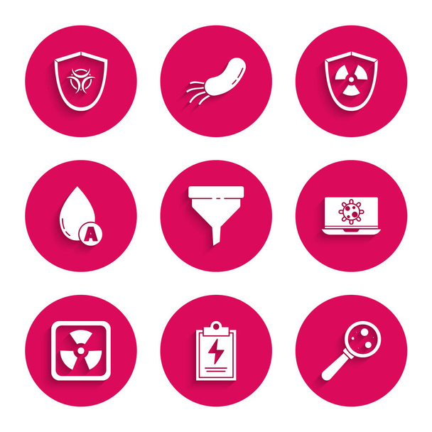 Set Funnel or filter, Laboratory clipboard with checklist, Microorganisms under magnifier, Bacteria on laptop, Radioactive, Water drop, in shield and Biohazard symbol icon. Vector - Vector, Image