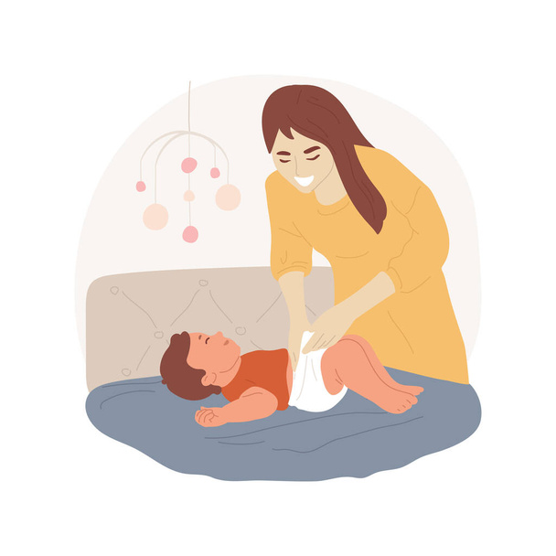 Changing diapers isolated cartoon vector illustration. Young mom changing diaper to her smiling baby, newborn care, family lifestyle, children body hygiene, vector cartoon. - Vector, Image