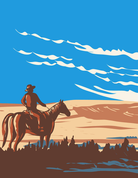 WPA poster art of cowboy and horse at West Block of Grasslands National Park located near the village of Val Marie, Saskatchewan, Canada done in works project administration - Vetor, Imagem