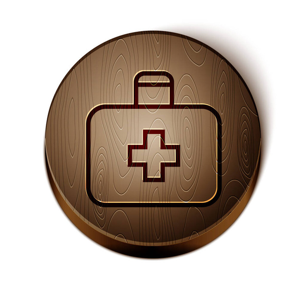 Brown line First aid kit icon isolated on white background. Medical box with cross. Medical equipment for emergency. Healthcare concept. Wooden circle button. Vector Illustration. - Vector, imagen