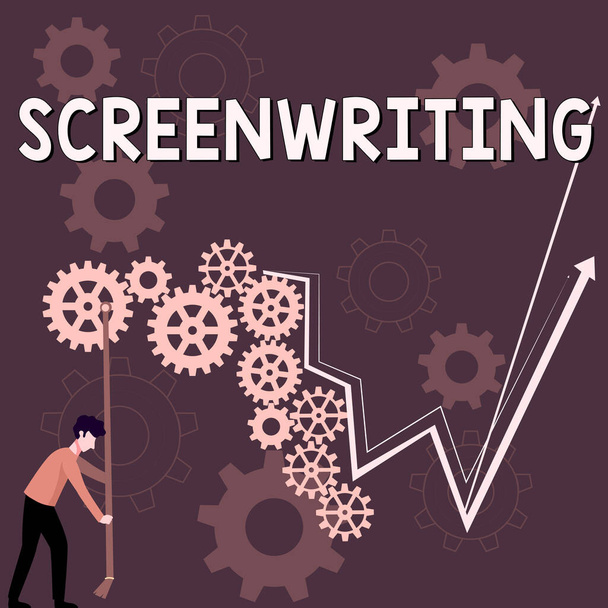 Sinal de texto mostrando Screenwriting, Internet Concept the art and craft of writing scripts for media communication - Foto, Imagem